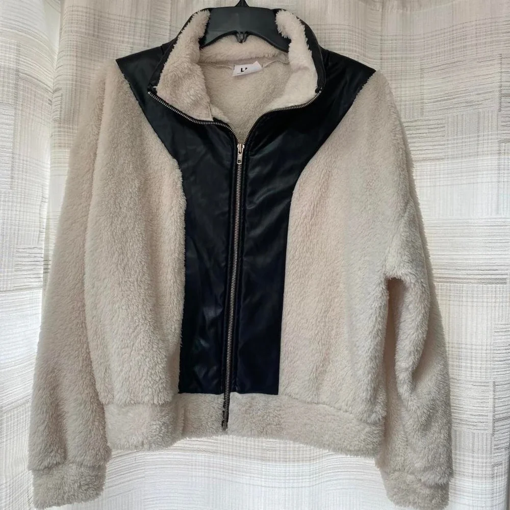 LNA Clothing cream Sherpa faux fur jacket with black leather details size S